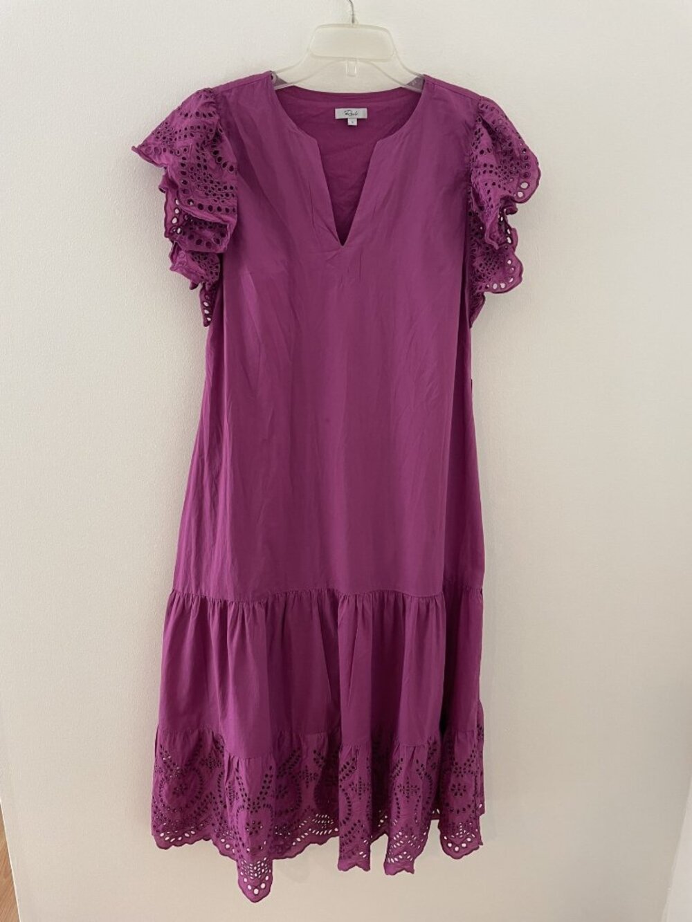 Rails Gia Tiered Eyelet Midi Dress in Berry Purple S, lined, ruffle sleeve, cott